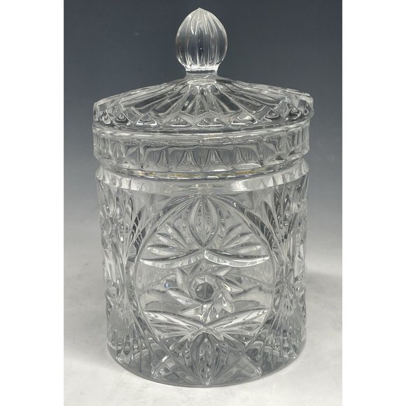 5 5/8" Vintage 20th C. Crystal Lidded Cylindrical Vanity Jar Container Decor - Picture 4 of 11